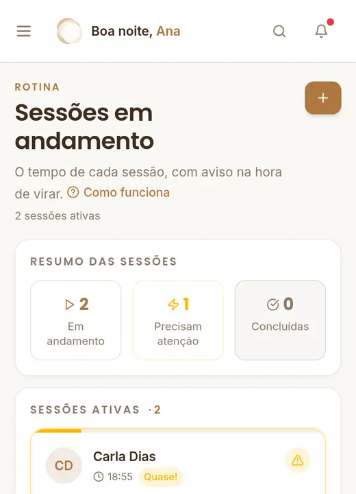 Cronômetros da Sunya com as sessões em andamento e a posição de cada cliente