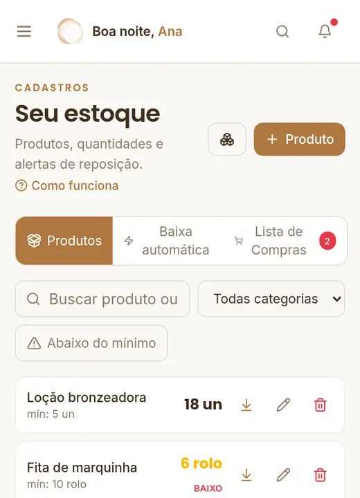 Estoque da Sunya com os produtos, as quantidades e o alerta de estoque baixo