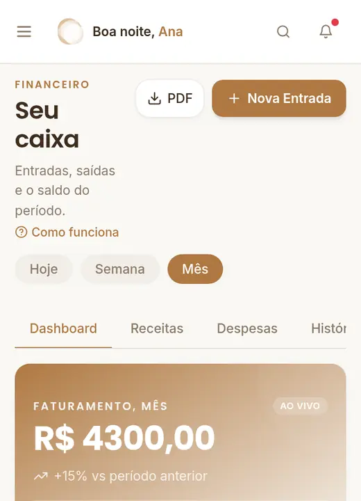 Financeiro da Sunya no celular, com o faturamento do mês e a meta
